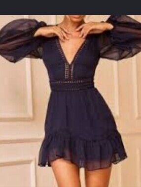 Deep V Navy Long-Sleeve Chiffon Mini Dress NWT Size Medium